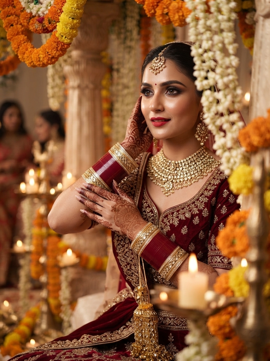 Deep Red Glossy Seep Chura Bangle Set with Gold Stone Borders