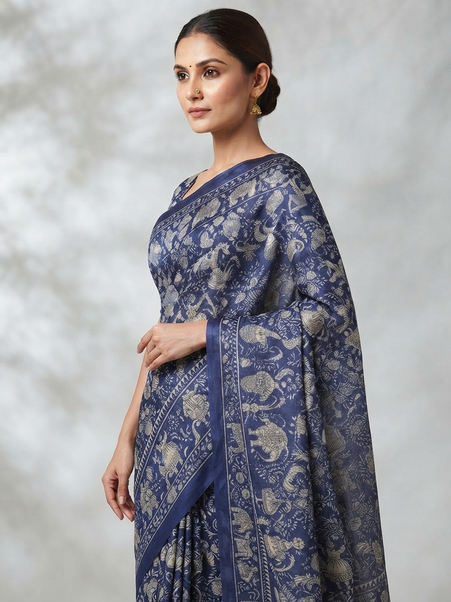 Navy Blue Printed Cotton Silk Saree