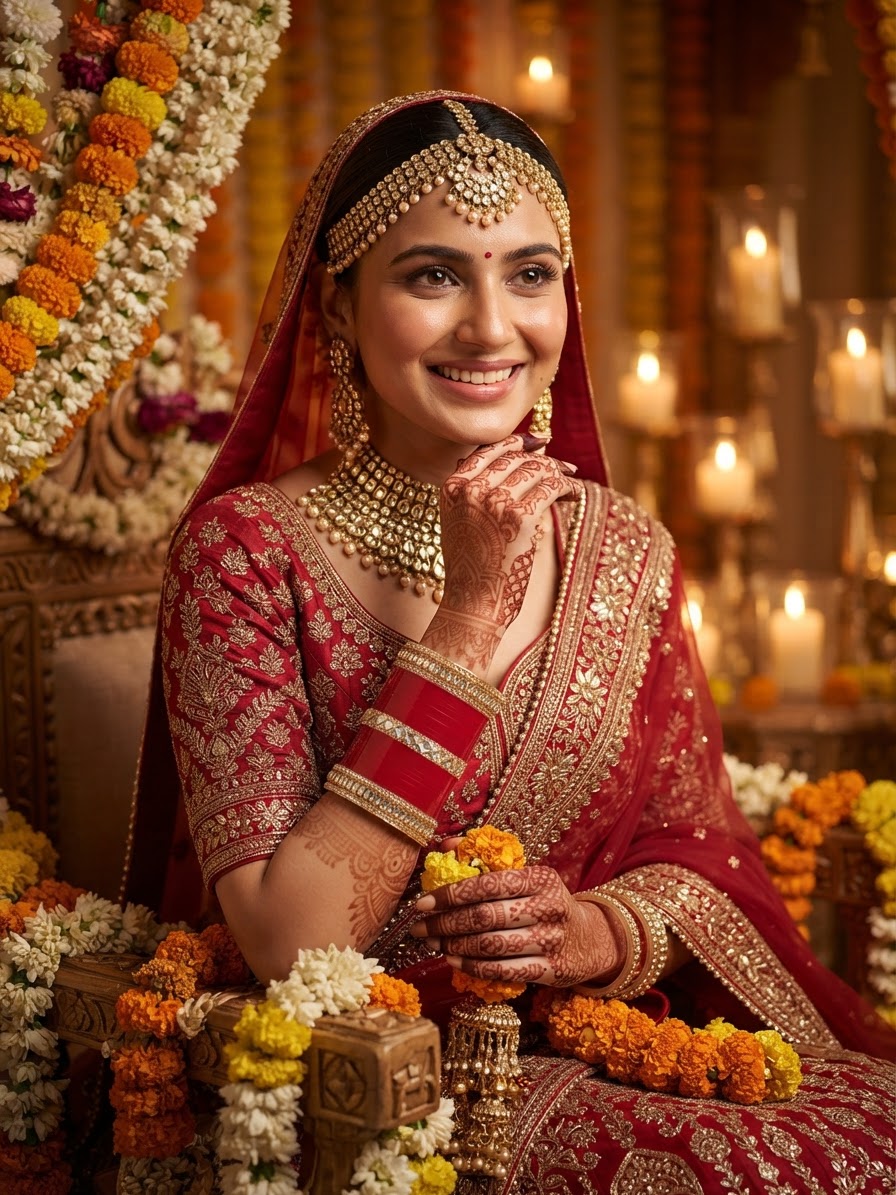 Deep Red Seep Chura Bridal Bangle Set with Gold-Tone Metallic Accents
