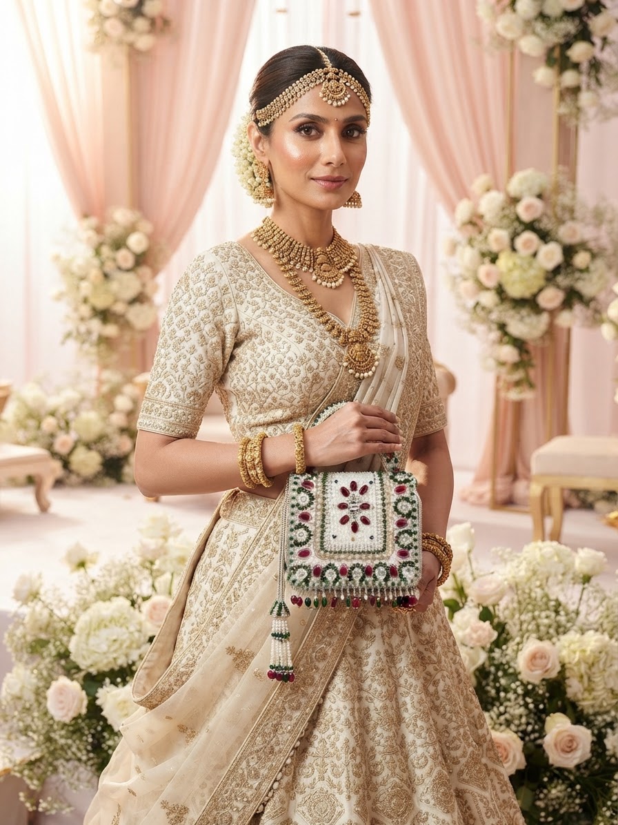 Embellished White Raw Silk Mini Flap Bag