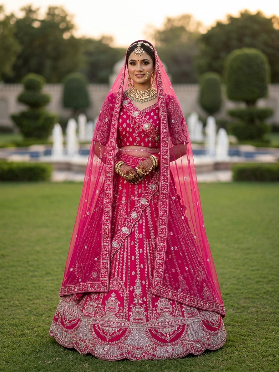 Fuchsia Pink Hand-Embroidered Bridal Lehenga