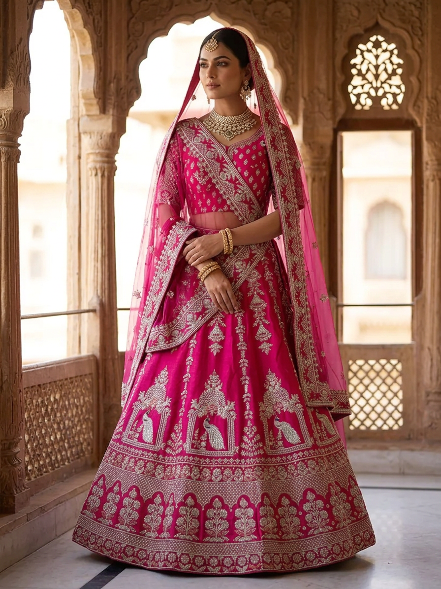 Rani Pink Raw Silk Lehenga with Peacock Motifs in Architectural Frames