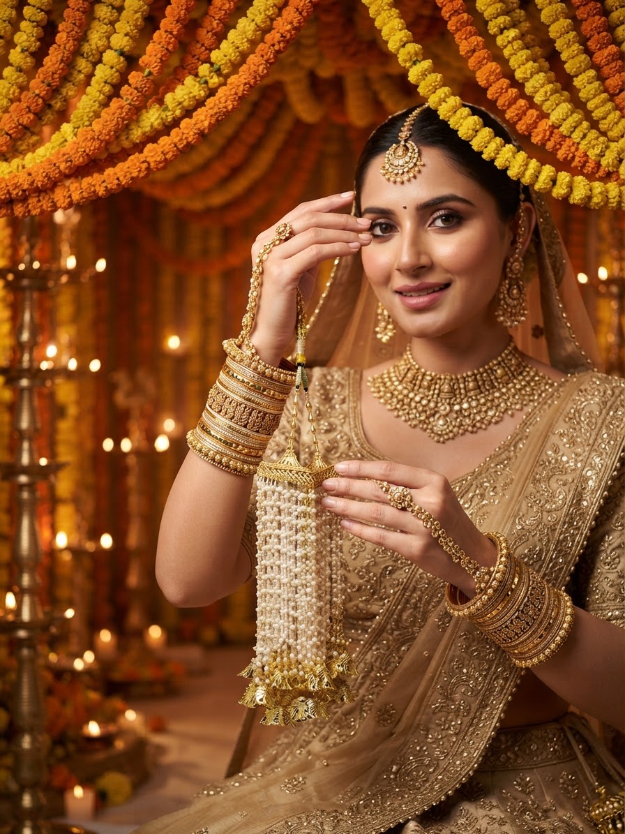 Gold-Tone Filigree Floral Kaleera With Cascading Ivory Pearls