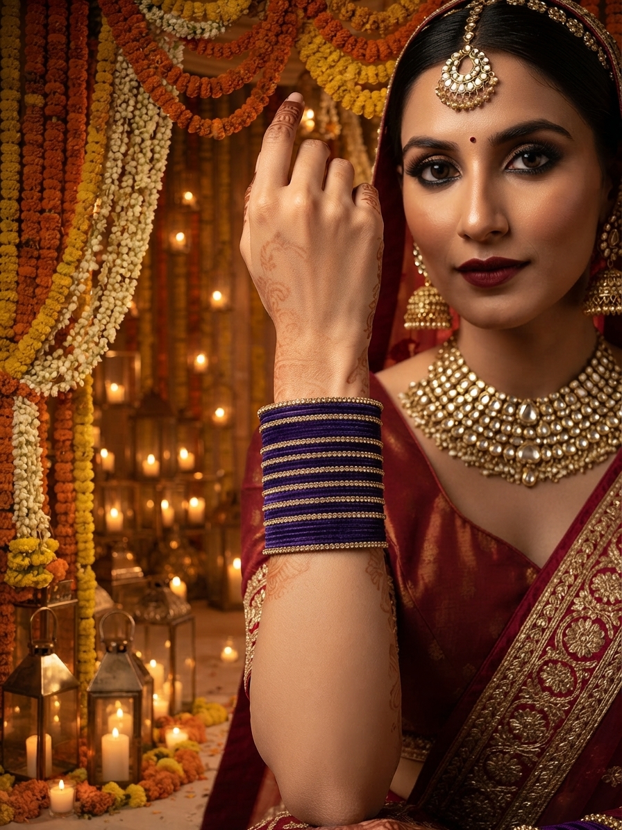 Navy Blue Velvet & Gold Bangle Set