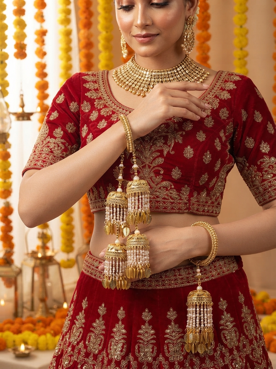 Gold-Tone Bridal Kaleera with Layered Jhumka and Leaf Charms