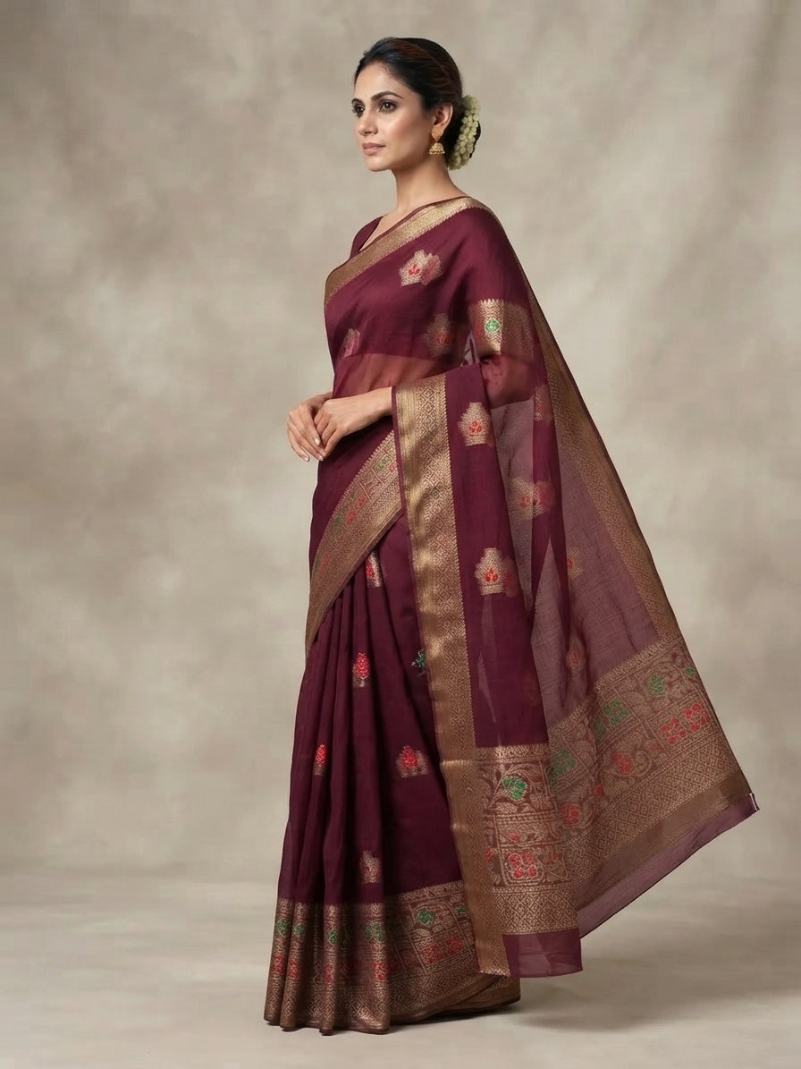 Maroon Cotton Silk Saree with Zari Border