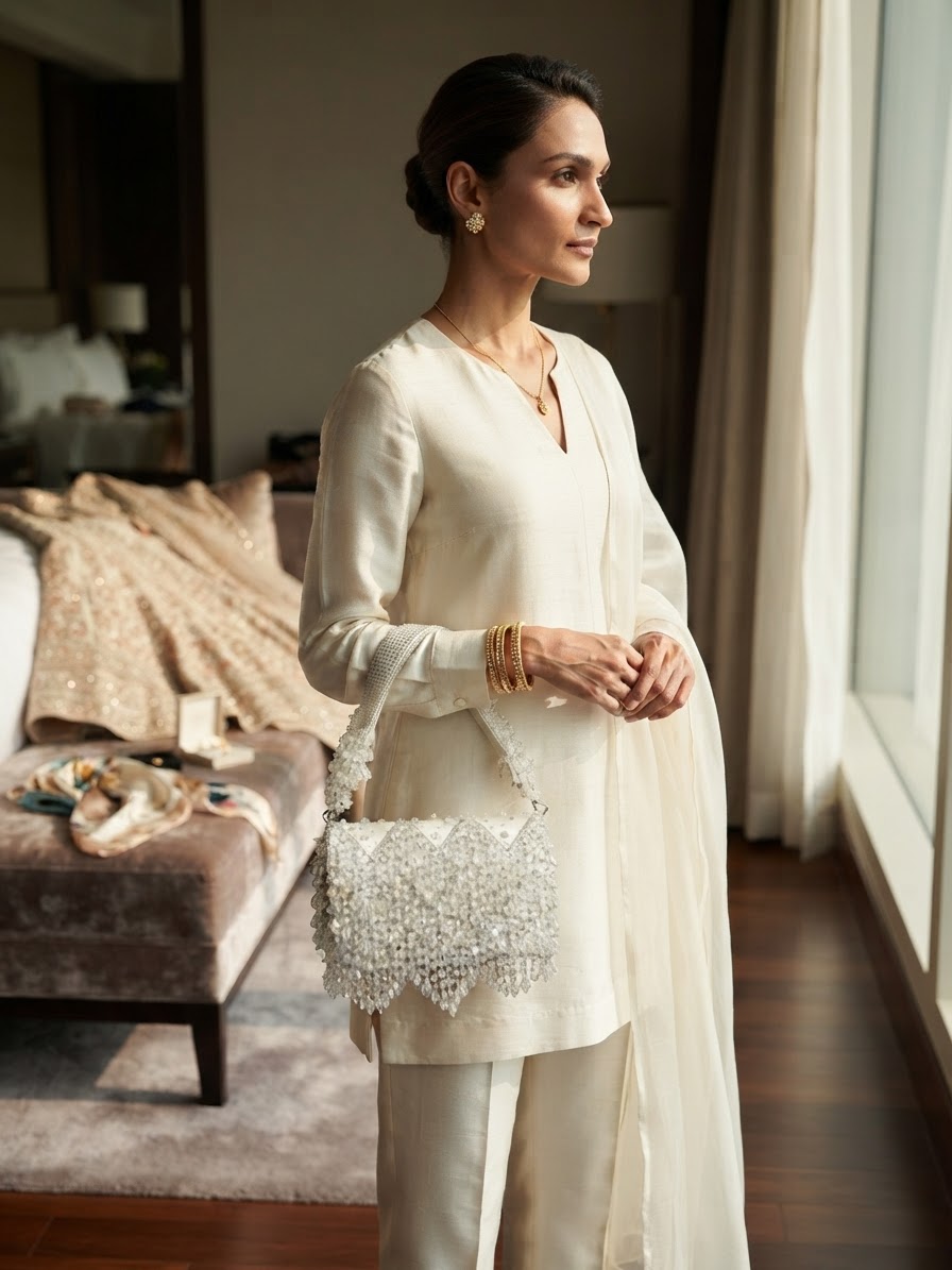White Crystal Embellished Flap Bag