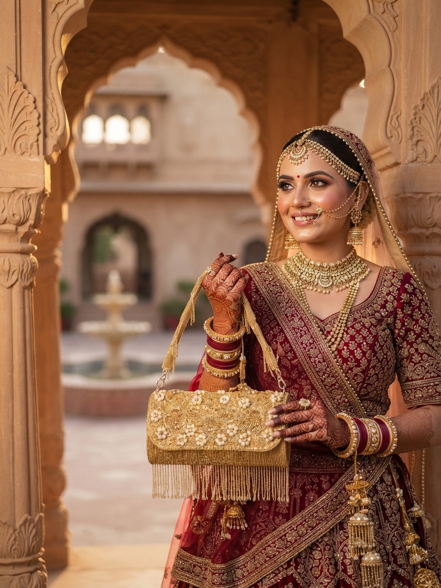 Gold Beaded Flap Clutch with Tassels