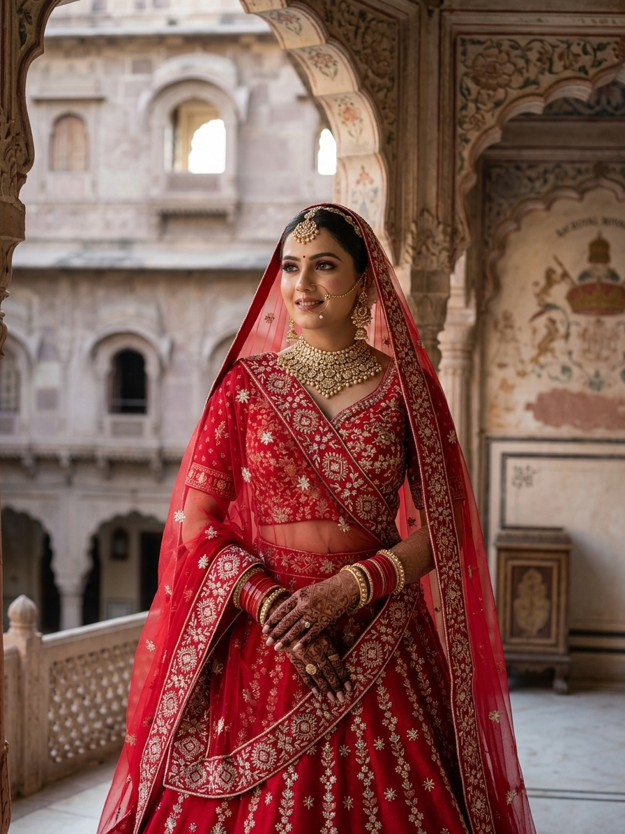 Red Raw Silk Bridal Lehenga with Hand-Placed Pearl Accents