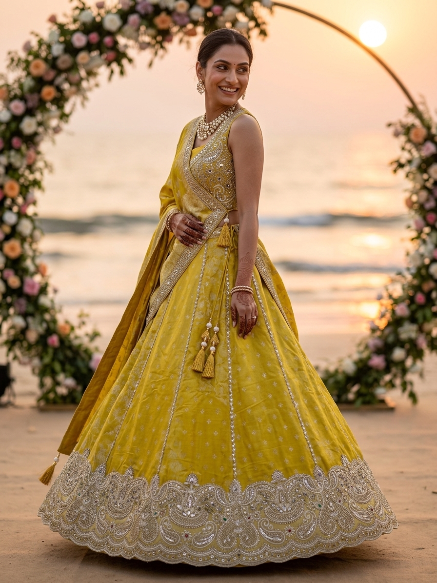 Mustard Yellow Kundan Embellished Bridal Lehenga Set
