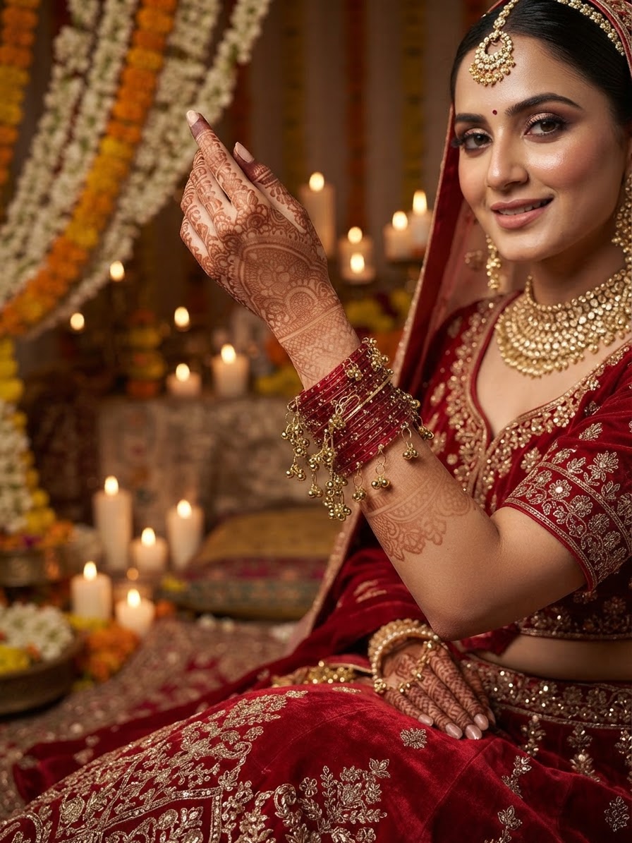 Red Glass Bangle Set with Gold-Tone Charms