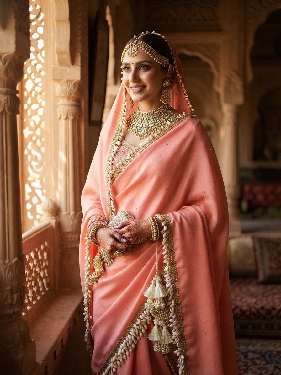 Peach Pashmina Shawl with Pearl Embellishments