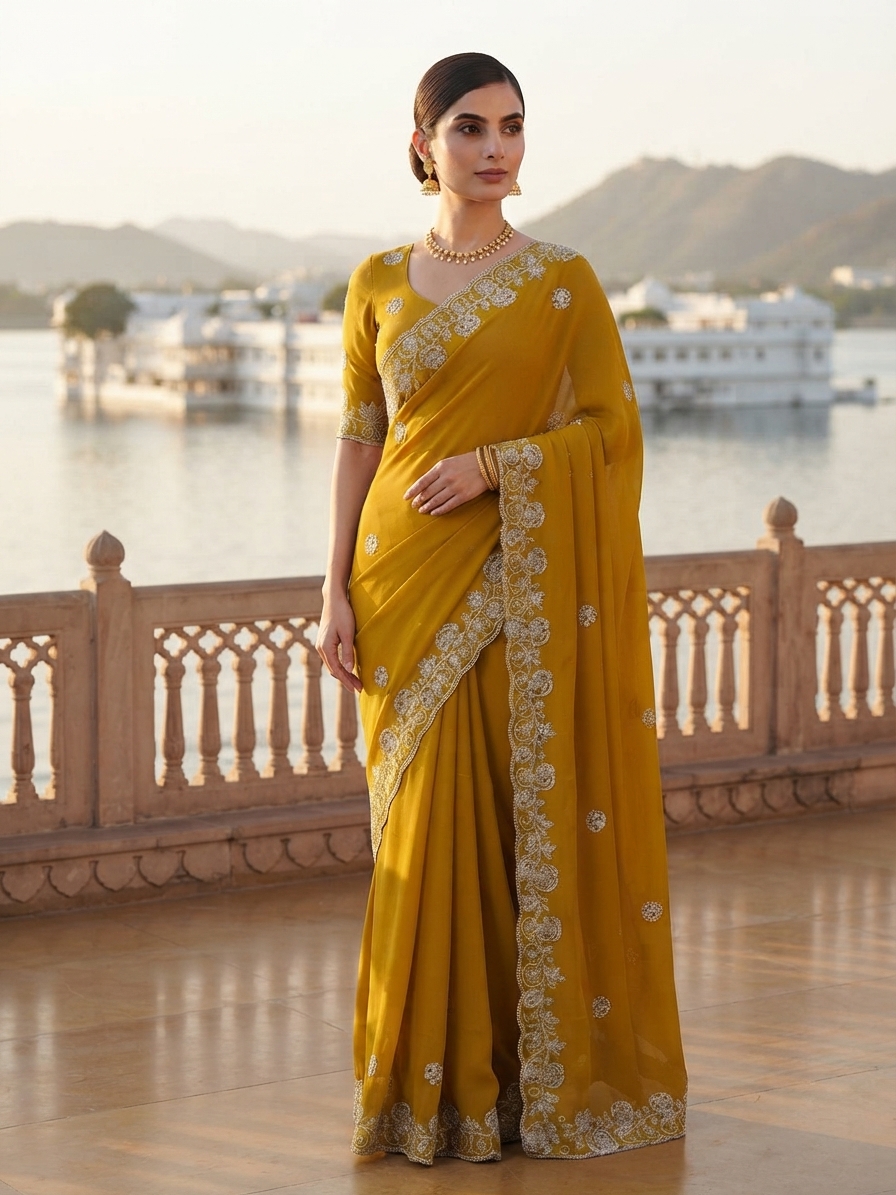 Mustard Chiffon Designer Saree with Resham Embroidery