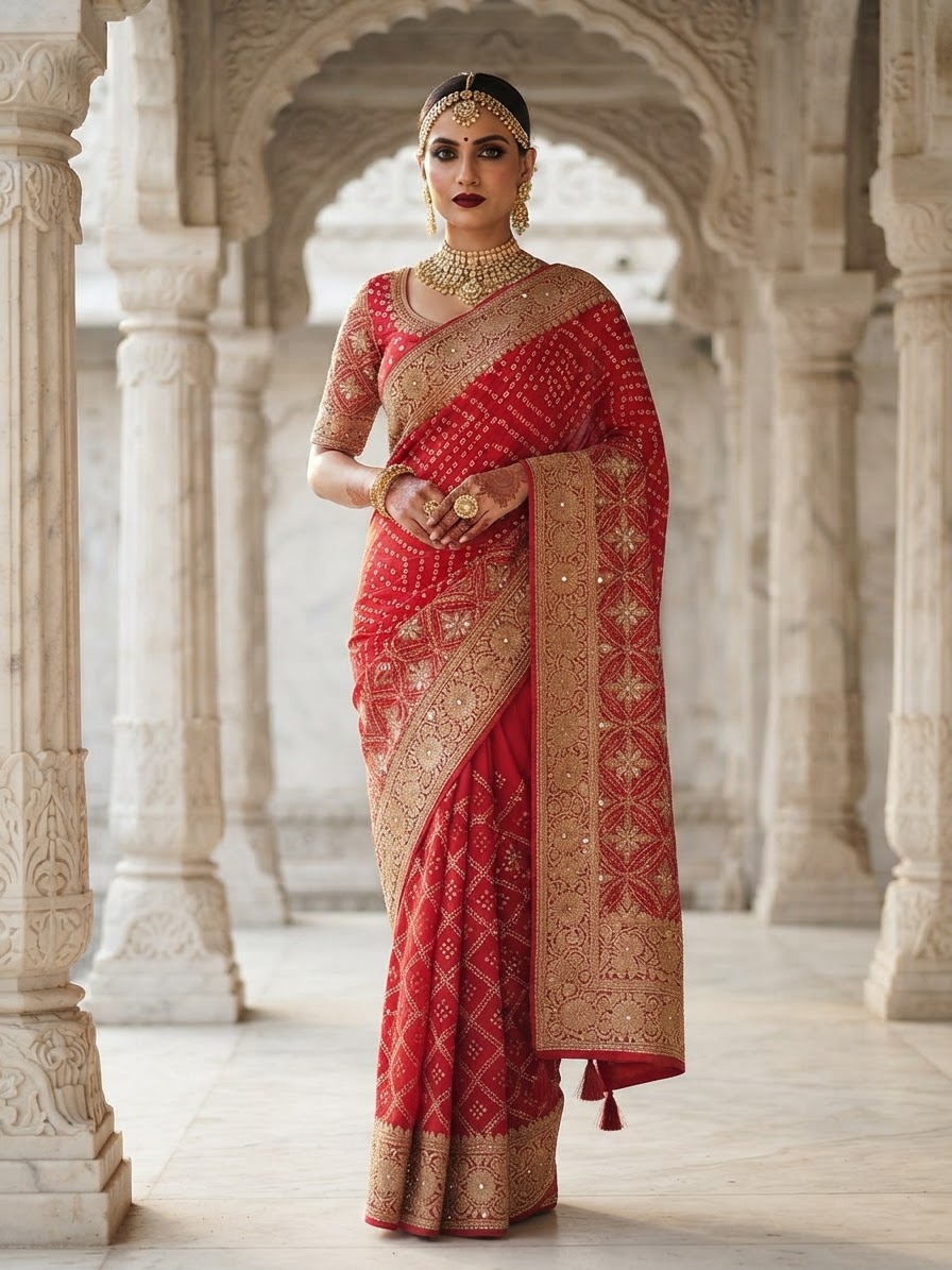 Red Bandhani Saree with Zardosi Work
