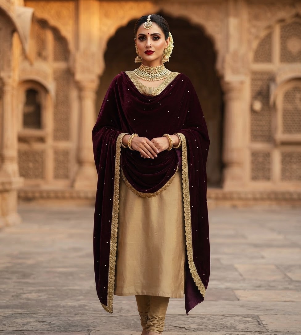Wine Velvet Shawl with Kundan and Lace Border