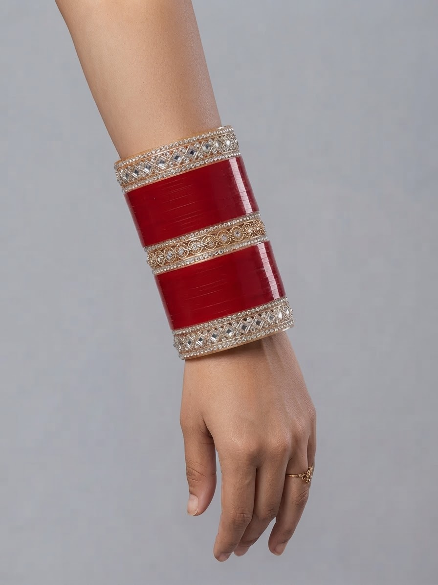 Wide Intricate Stone and Mirror Work Red Seep Chura Bridal Bangle Set