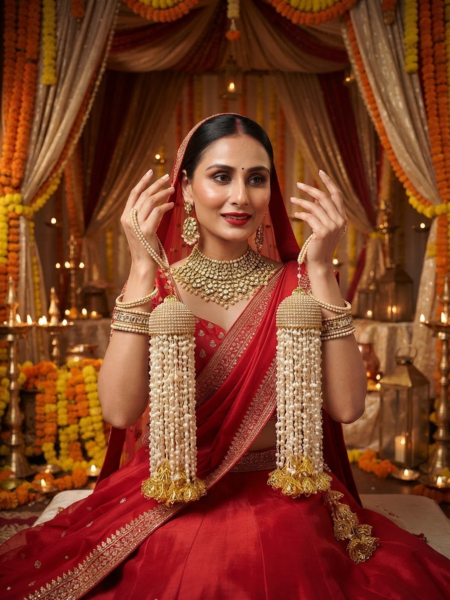Ornate Stone-Encrusted Dome Kaleera with Ivory Pearls and Golden Bells