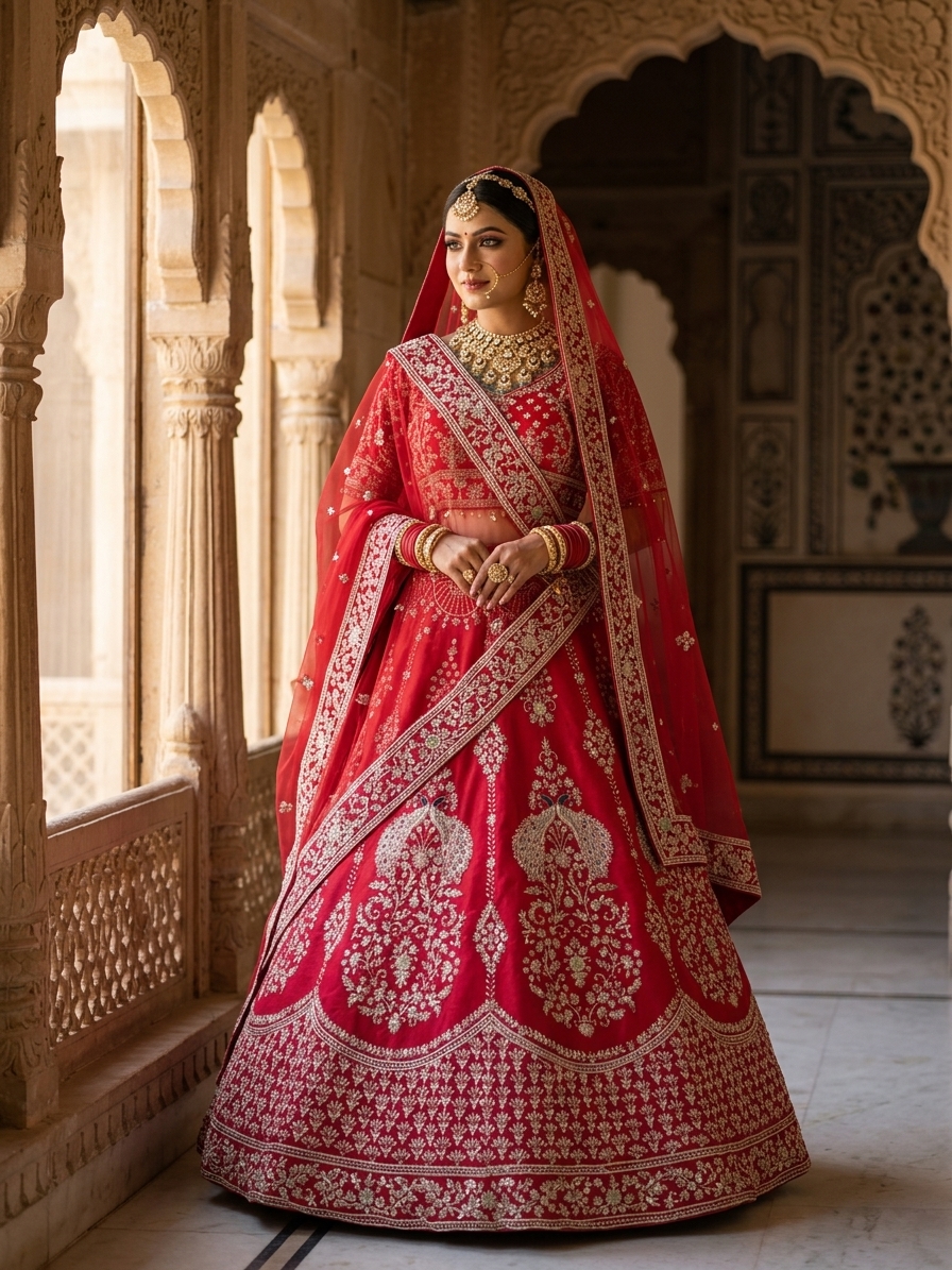 Red Raw Silk Bridal Lehenga with Zardozi Aari Pearl Accents