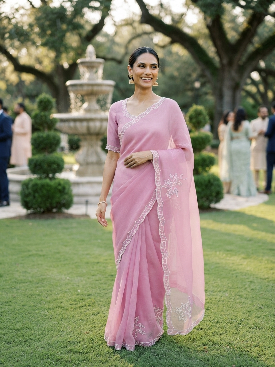 Pink Chiffon Beaded Saree | Designer Saree