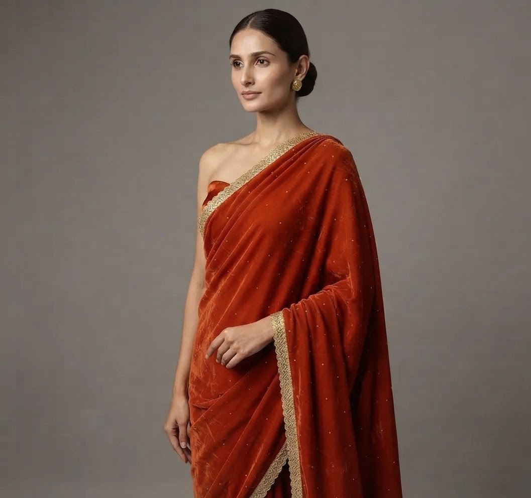 Rust Velvet Shawl with Kundan Work