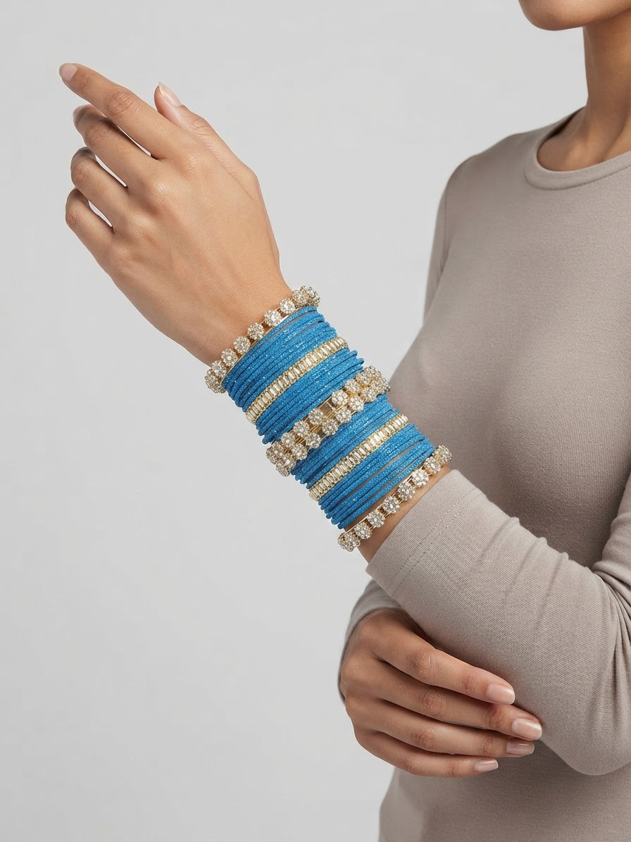 Sky Blue Velvet Bangle Set with Stone Embellishments