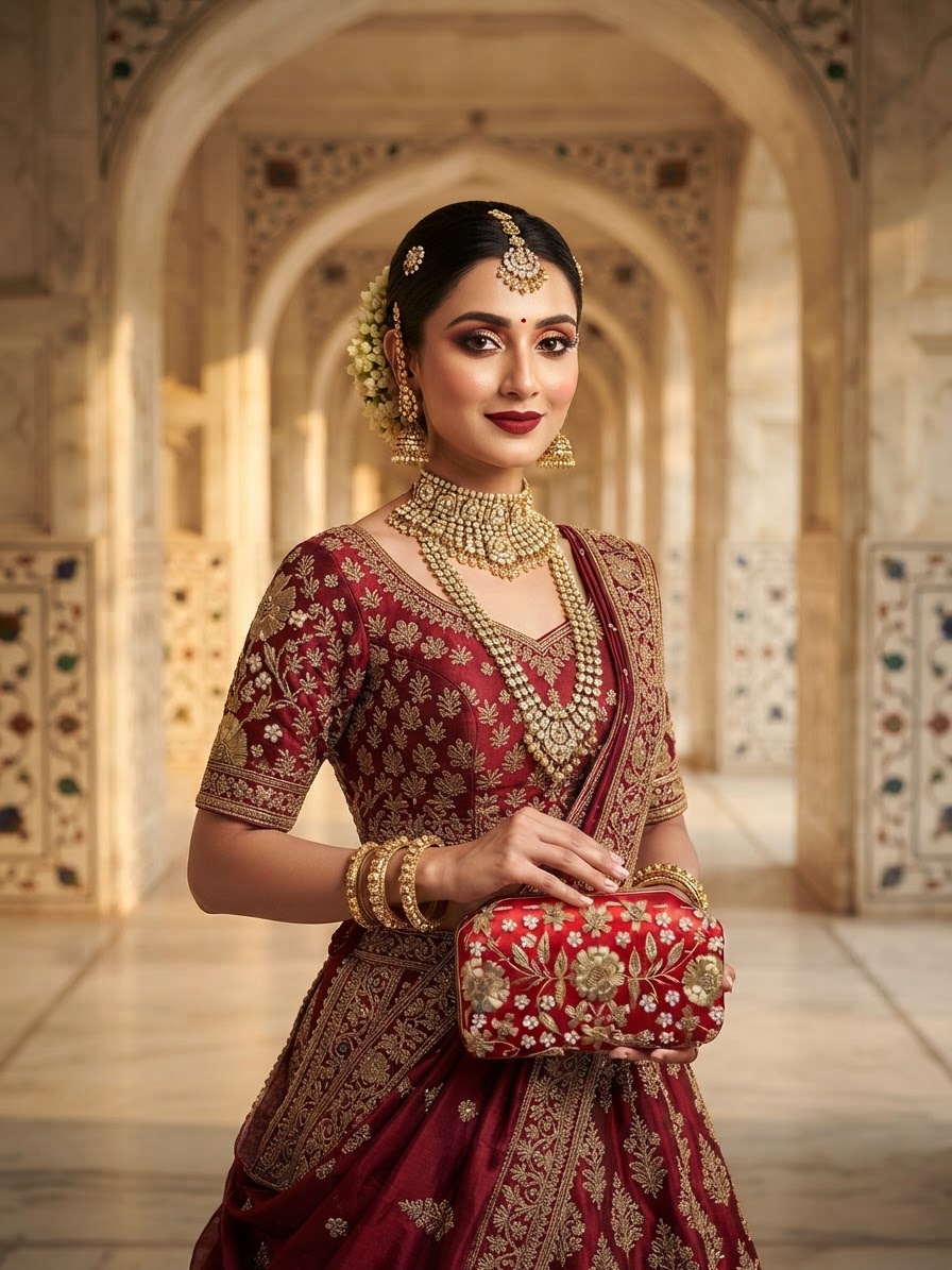 Red Raw Silk Zardozi Clutch with Pearl Embellishments