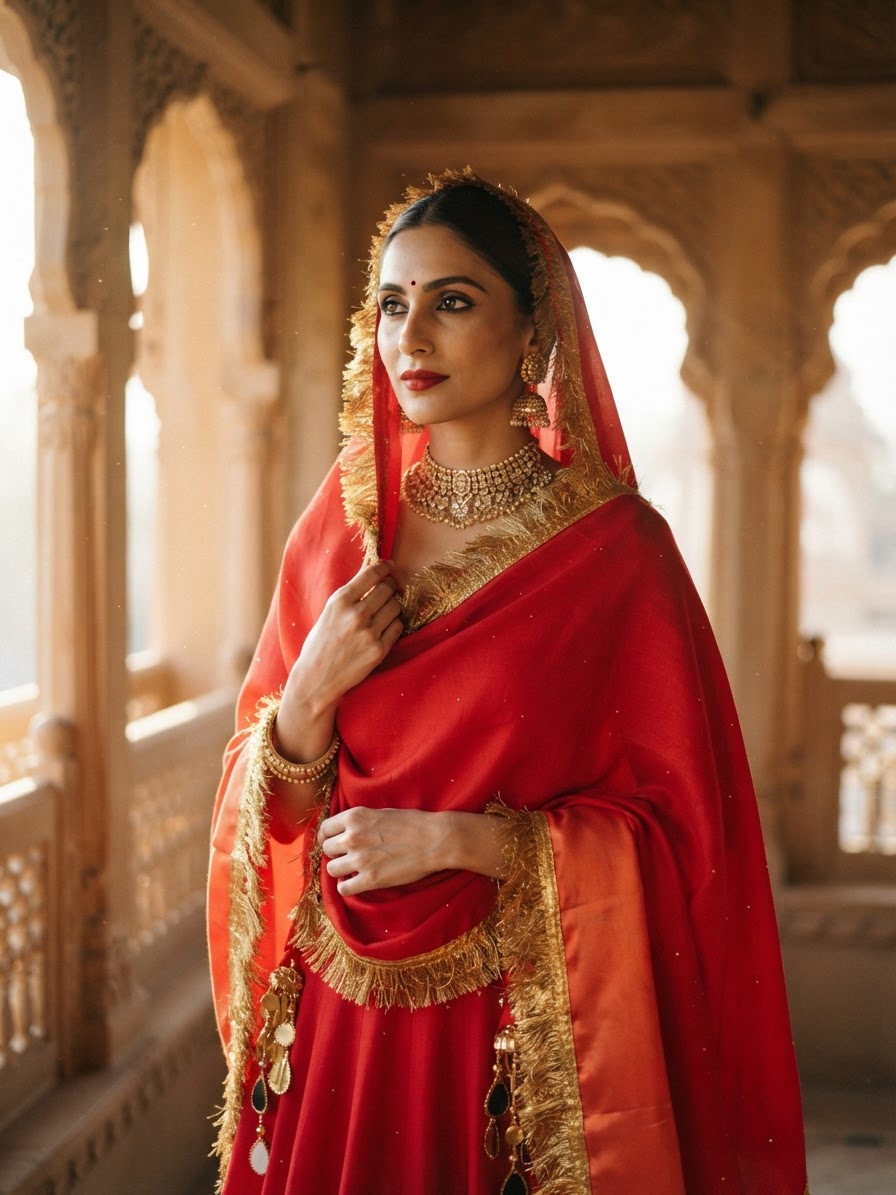 Red Pashmina Shawl with Kundan & Mirror Work