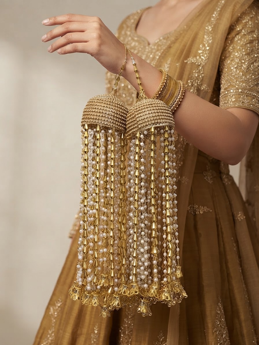 Traditional Gold Stone-Work Dome Bridal Kaleera with Pearl Strands