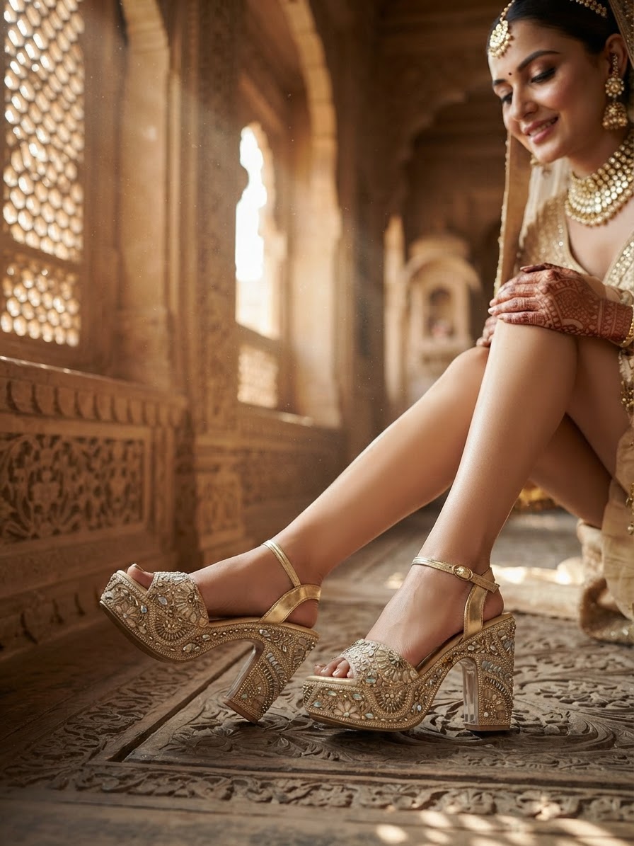 Embellished Gold Platform Block Heels