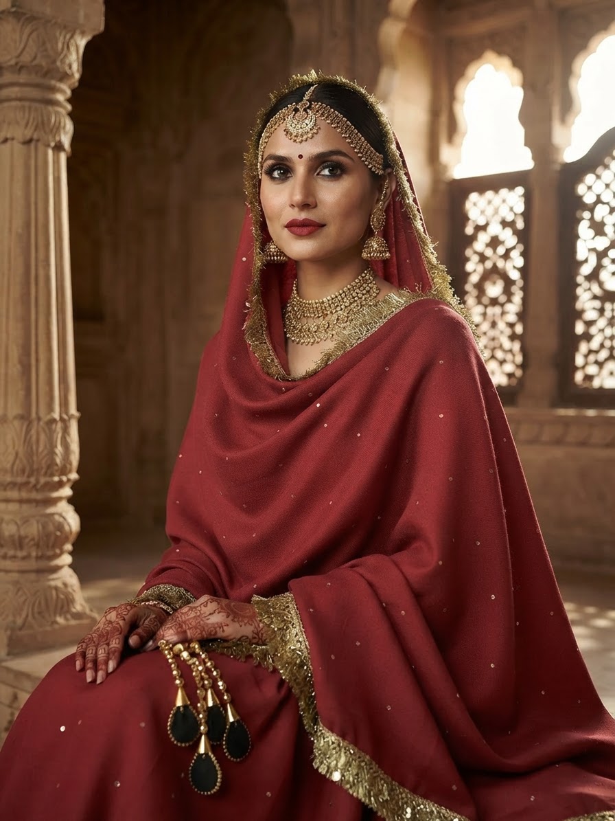 Rich Maroon Pashmina Shawl with Gold-Tone Sequin Border