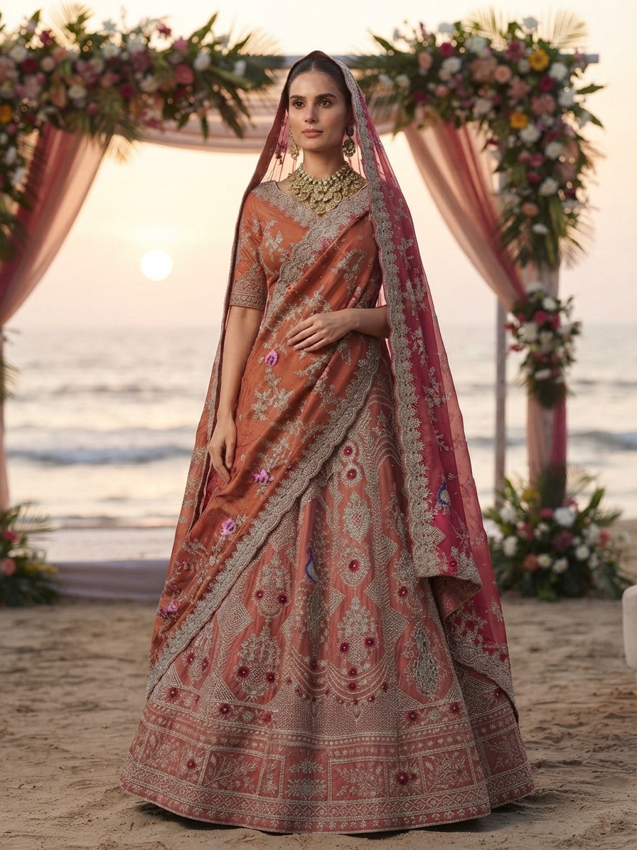 Sartaj Rust Raw Silk Bridal Lehenga Set