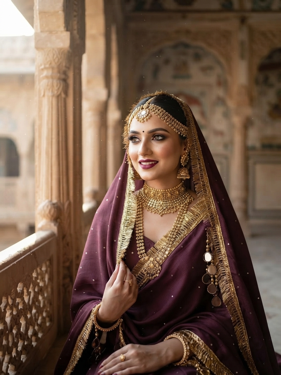 Wine Pashmina Shawl with Gold Embellishments