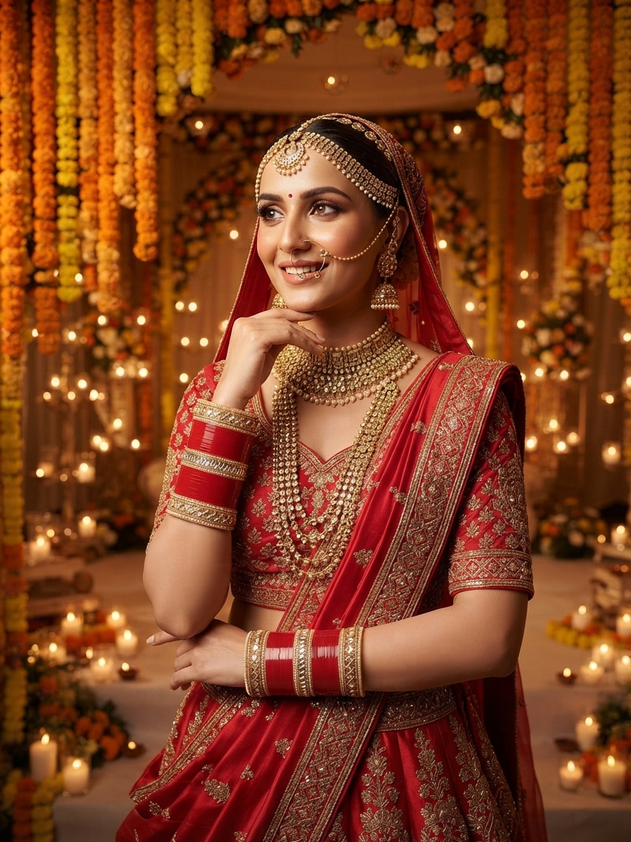 Red Seep Chura Bridal Set with Stone-Encrusted Silver Bands