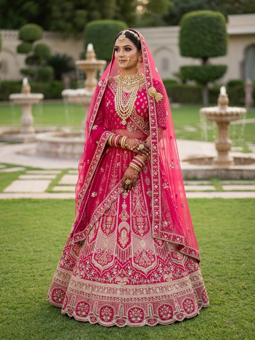 Bridal Lehnga — Indian bride wearing it · Royal garden lawn