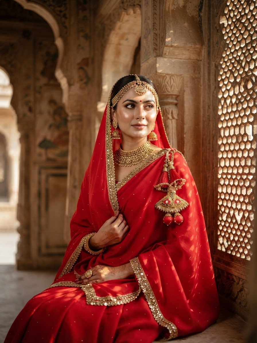 Red Pashmina Shawl with Kundan and Gota Patti