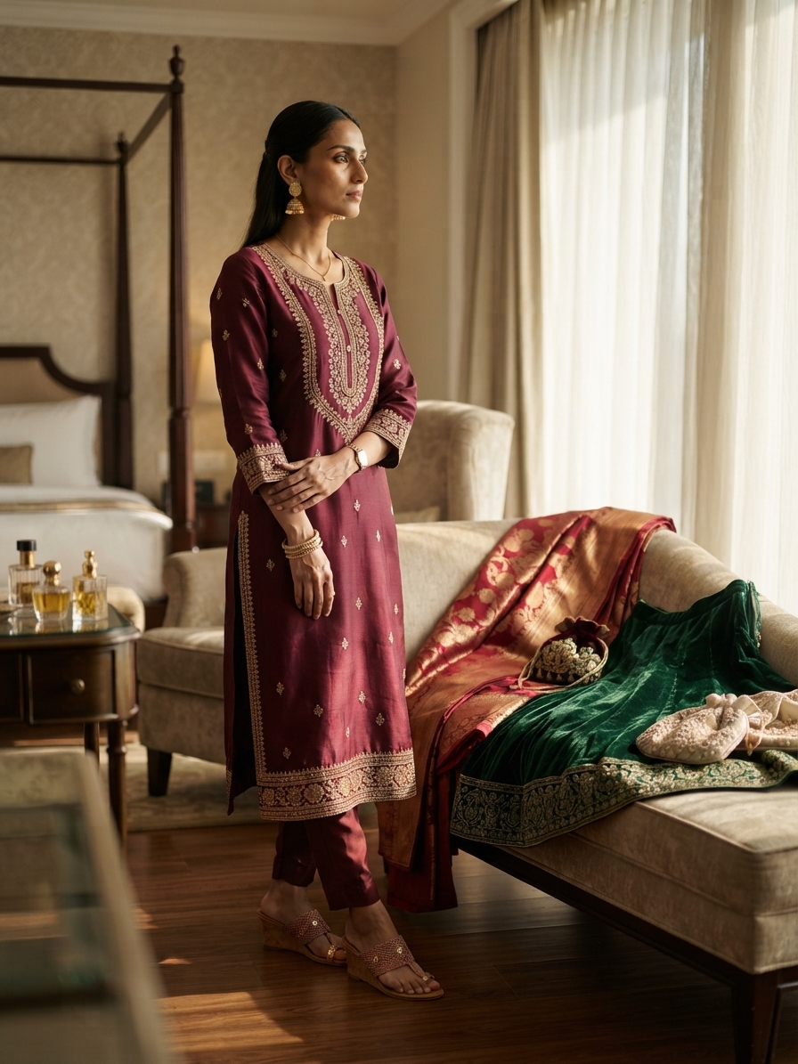 Festive woman wearing it · Luxury hotel suite