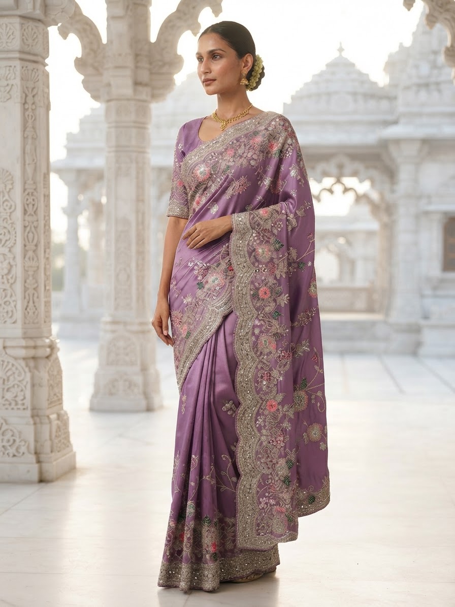 Lavender Tissue Designer Saree with Floral Embroidery