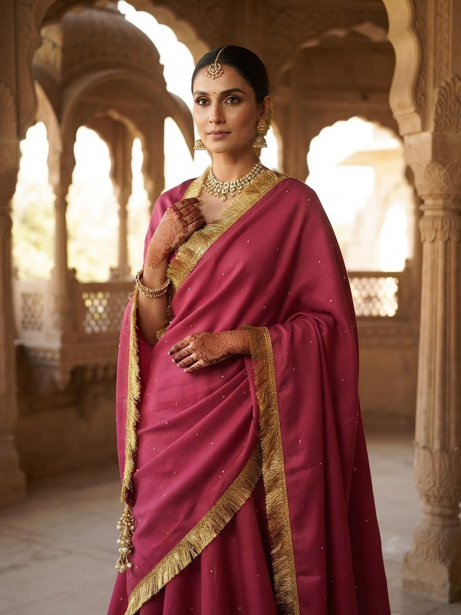 Rani Pink Pashmina Shawl with Gold Fringe and Embellishments