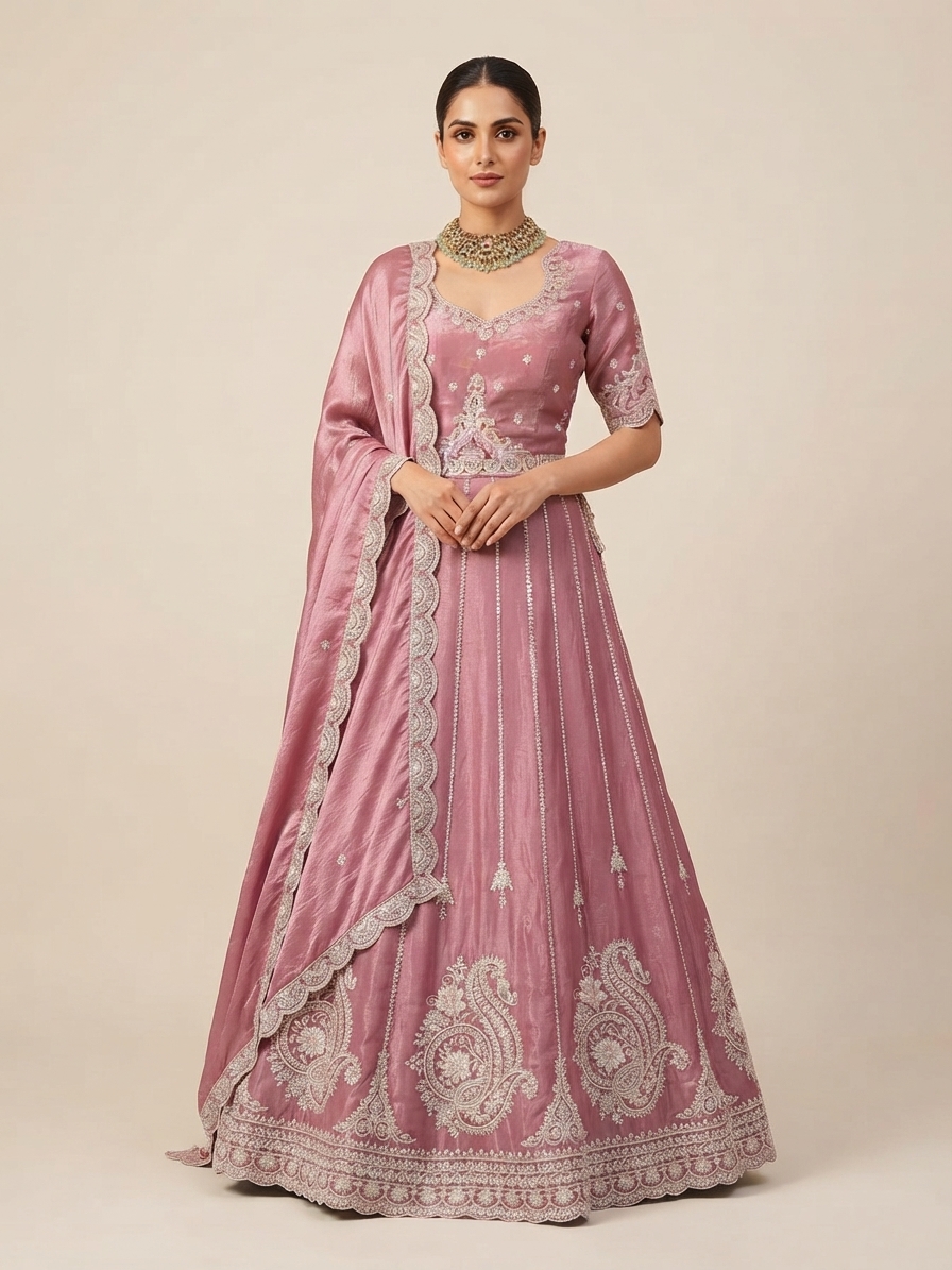 Mauve Tissue Embroidered Lehenga Set