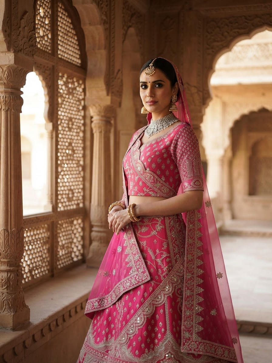 Rani Pink Raw Silk Bridal Lehenga with Mirror Work