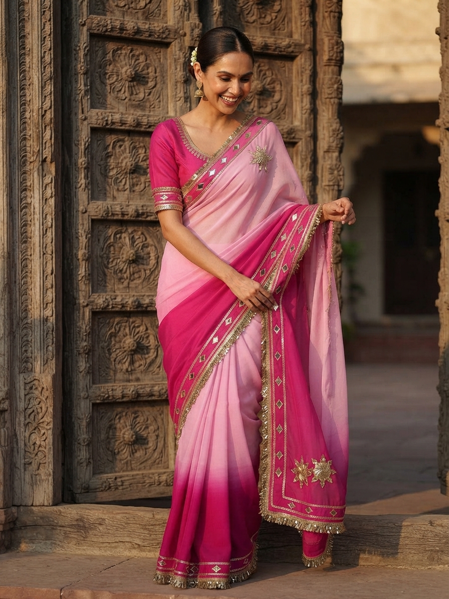 Dual-Tone Pink Gota Patti Saree with Blouse