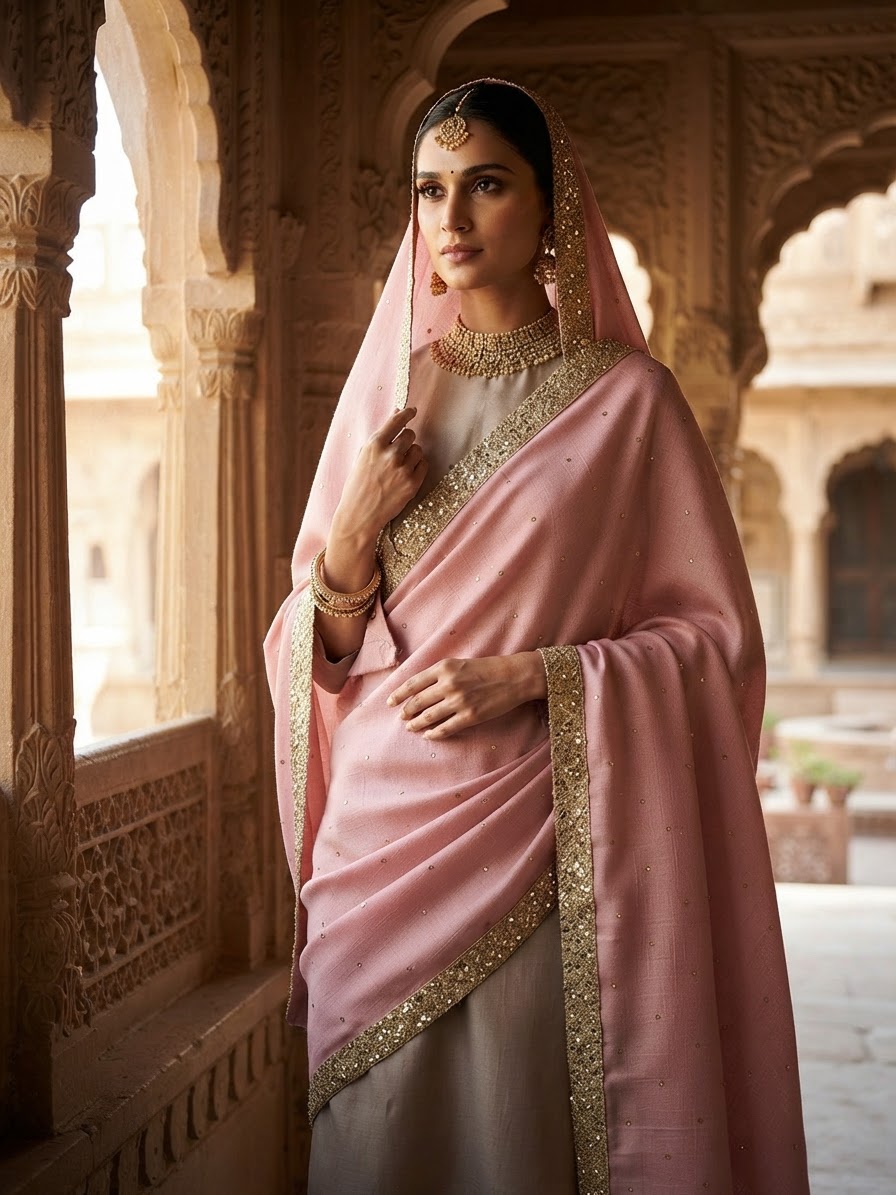 Rose Pink Pashmina Shawl with Gold Sequin Embellishments