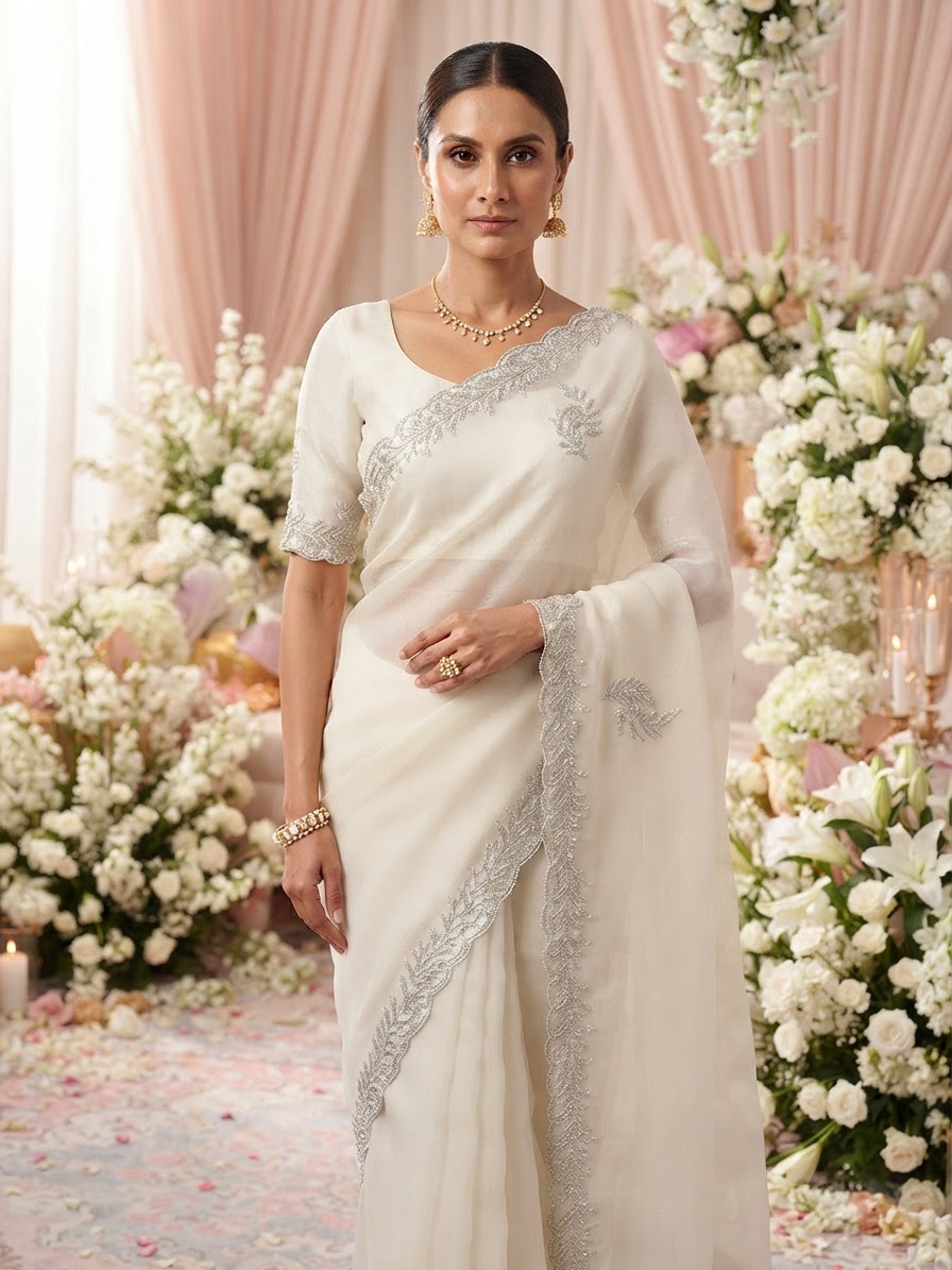 Ivory Chiffon Designer Saree with Pearl and Beadwork | R-1183