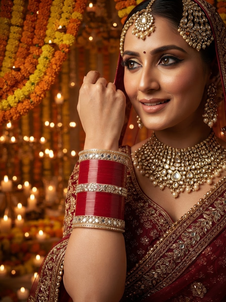 Polished Red Seep Chura Bridal Bangle Set with Silver Stone Details