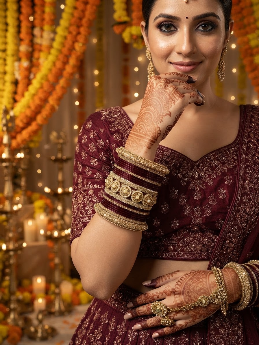 Maroon Lakh Chura Bangle Set with Stone & Pearl Embellishments