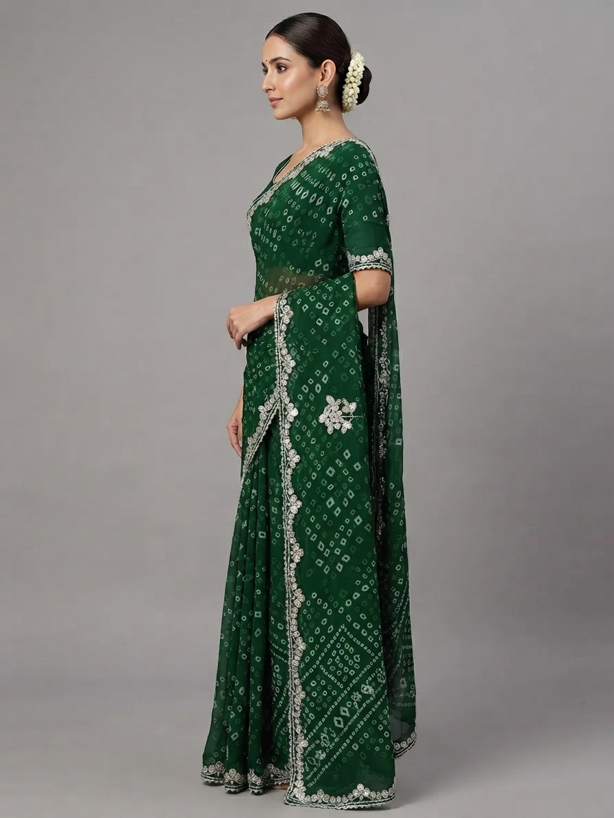 Bandhani Saree — Model — left side view