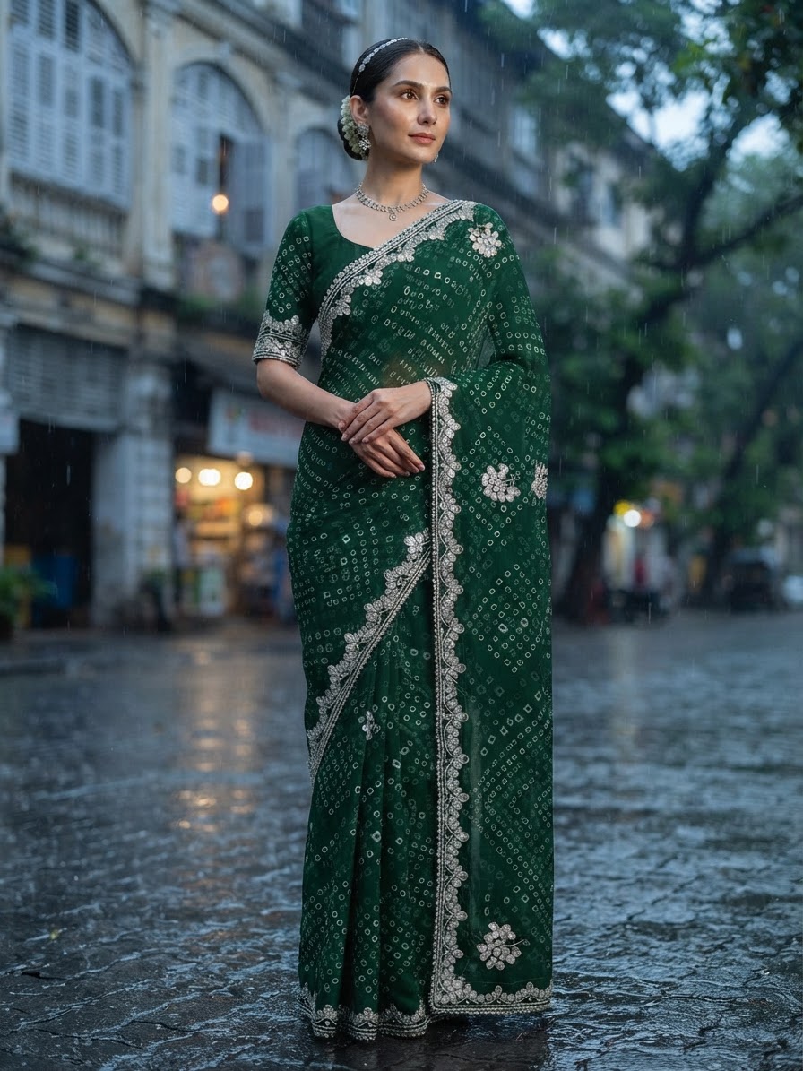 Emerald Green Bandhani Saree with Mirror and Gota Patti