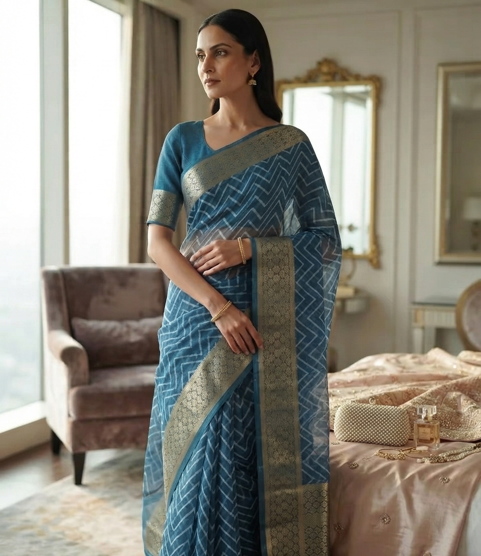 Blue Chiffon Saree with Gold Zari Border