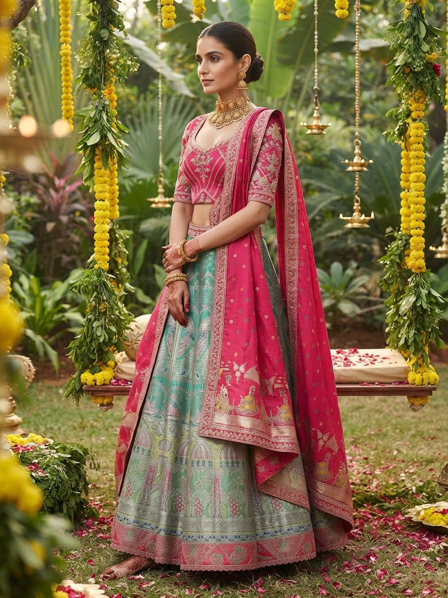 Teal and Fuchsia Banarasi Silk Bridal Lehenga