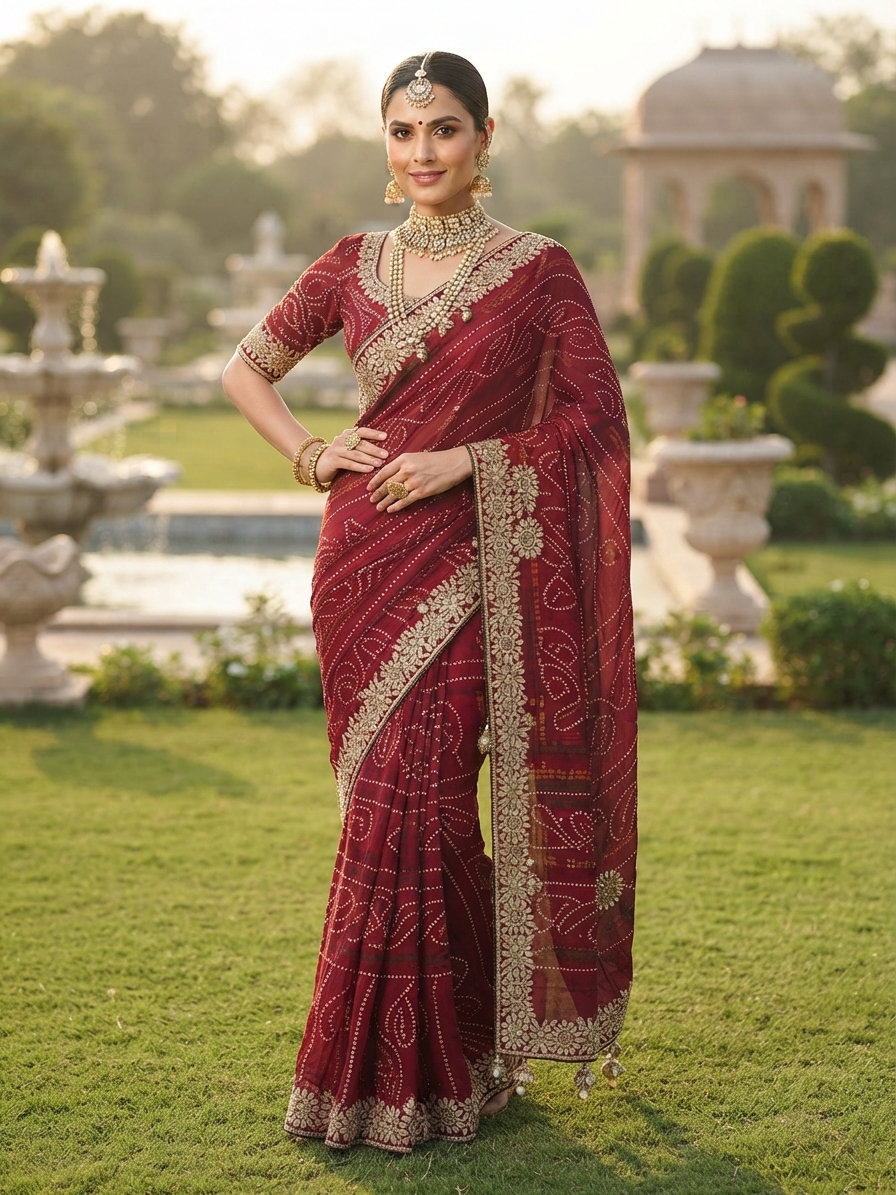 Maroon Georgette Bandhani Saree with Beaded Tassel Borders
